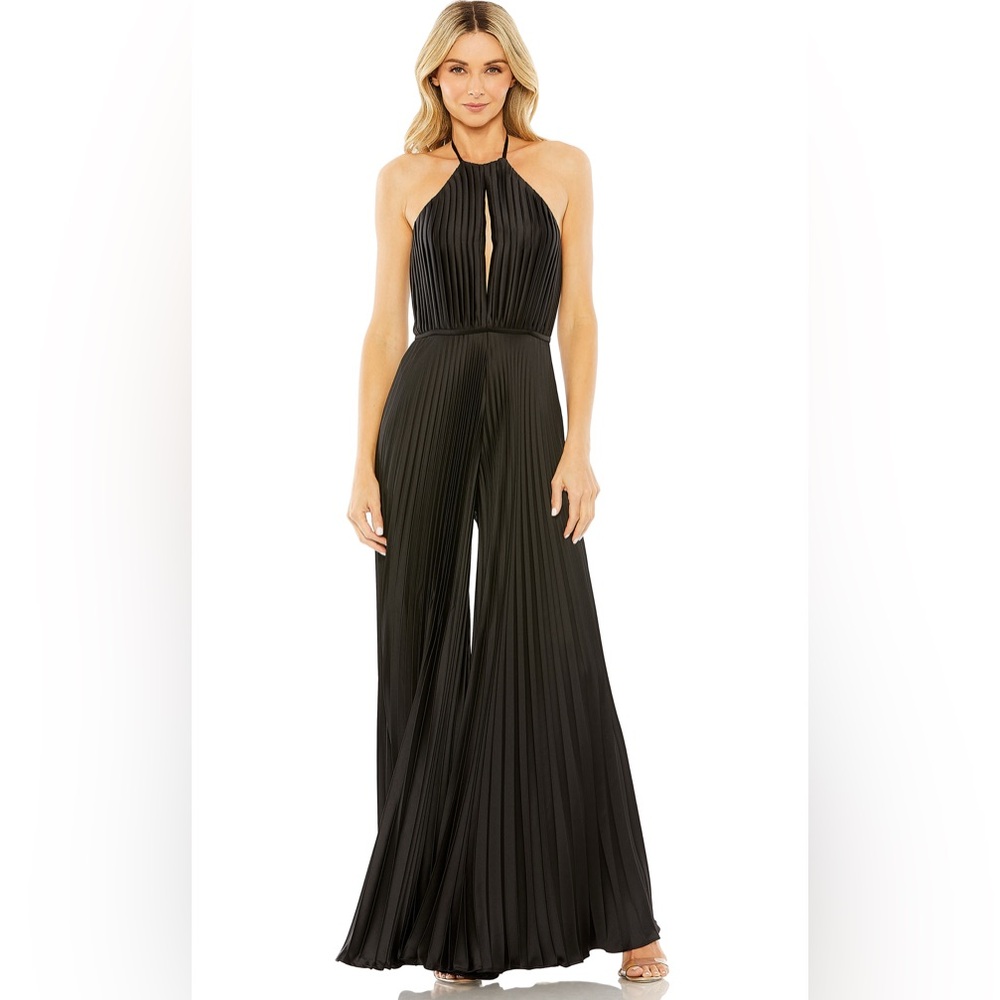 Mac Duggal NWT Black Halter Neck Keyhole Detail Pleated Jumpsuit Size 4